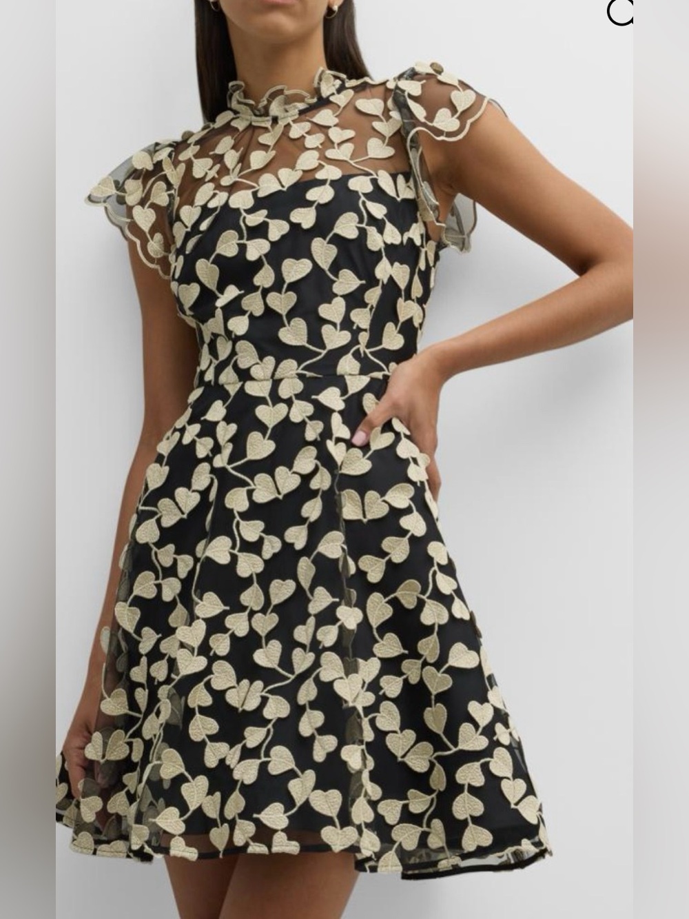 Shoshanna Midnight Heart Embroidered Illusion Mini Dress, Sz 8